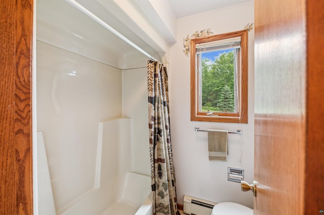 5948 Lavaque Rd, Duluth, MN 55803 - bathroom with baseboard heating and shower / bath combination with curtain