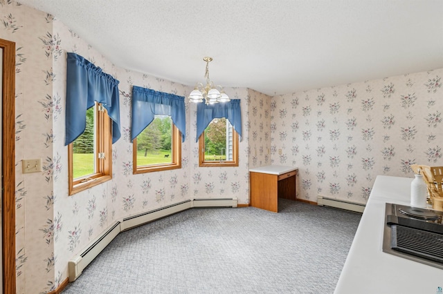 5948 Lavaque Rd, Duluth, MN 55803 - unfurnished dining area with baseboard heating, carpet flooring, wallpapered walls, a chandelier, and a textured ceiling