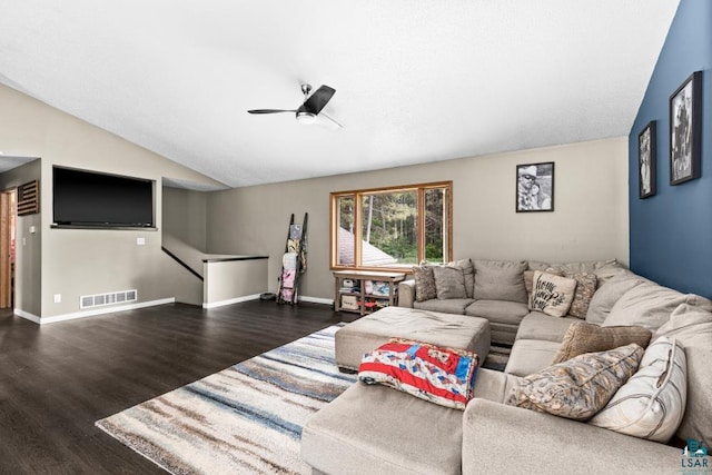 1464 Heather Ln, Cromwell, MN 55726 - living area with wood finished floors, ceiling fan, and vaulted ceiling