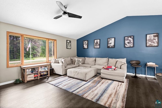 1464 Heather Ln, Cromwell, MN 55726 - living room featuring wood finished floors, a ceiling fan, and lofted ceiling