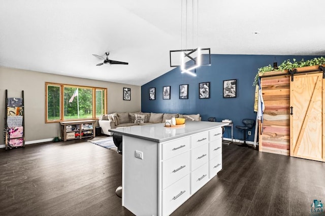 1464 Heather Ln, Cromwell, MN 55726 - kitchen with vaulted ceiling, dark wood-style floors, a barn door, white cabinets, and open floor plan