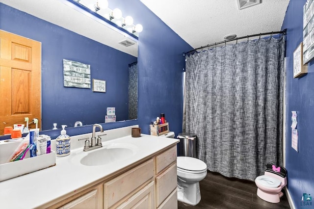 1464 Heather Ln, Cromwell, MN 55726 - bathroom with wood finished floors, vanity, a textured ceiling, and a shower with curtain