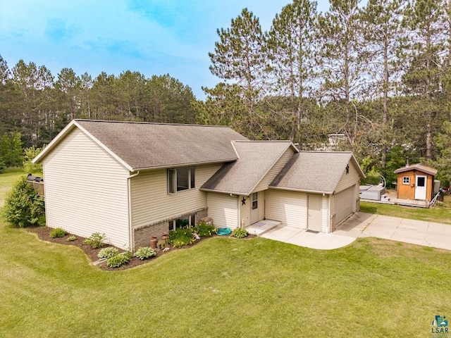 1464 Heather Ln, Cromwell, MN 55726 - split level home with a front lawn, a garage, roof with shingles, and view of scattered trees