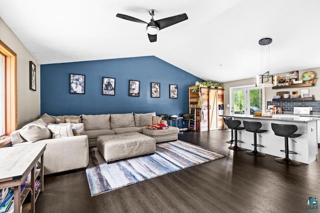 1464 Heather Ln, Cromwell, MN 55726 - living area with dark wood-style floors, lofted ceiling, and ceiling fan