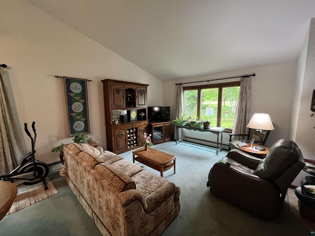 4384 Ugstad Rd, Hermantown, MN 55811 - living room with light carpet, high vaulted ceiling, and a baseboard heating unit