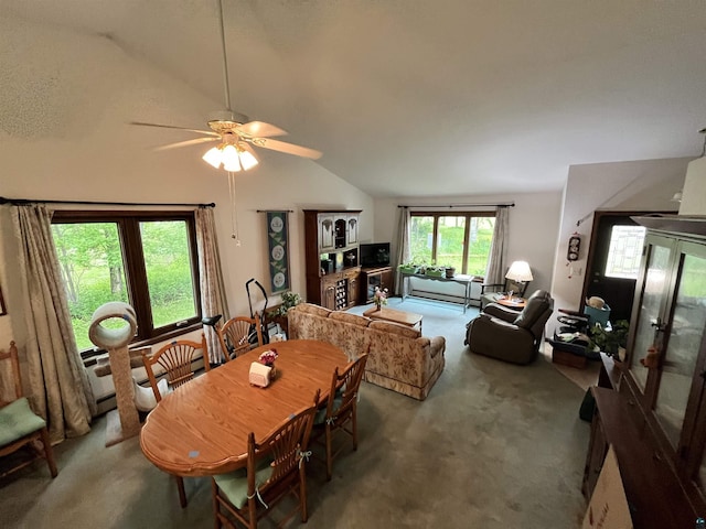 4384 Ugstad Rd, Hermantown, MN 55811 - dining room with carpet flooring, vaulted ceiling, and ceiling fan
