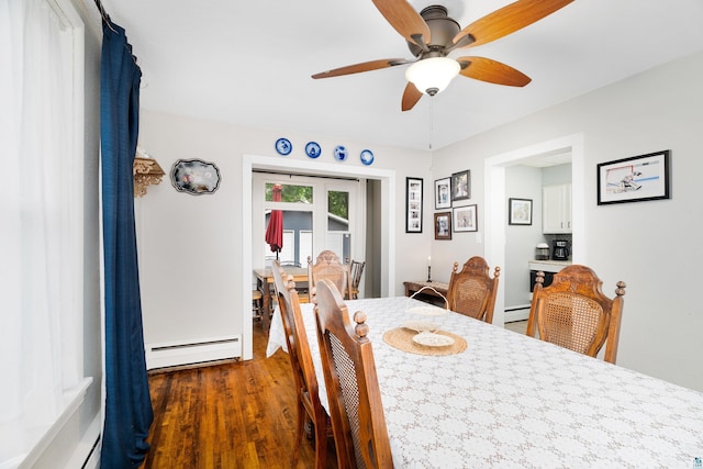 324 W Wabasha St, Duluth, MN 55803 - dining area featuring a baseboard heating unit, wood finished floors, and ceiling fan