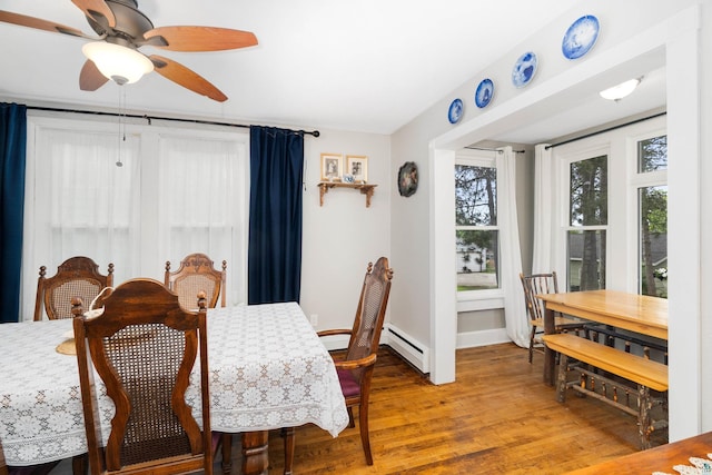 324 W Wabasha St, Duluth, MN 55803 - dining room featuring baseboard heating, light wood-style flooring, and ceiling fan