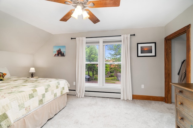 324 W Wabasha St, Duluth, MN 55803 - bedroom featuring light carpet, lofted ceiling, a baseboard radiator, and ceiling fan