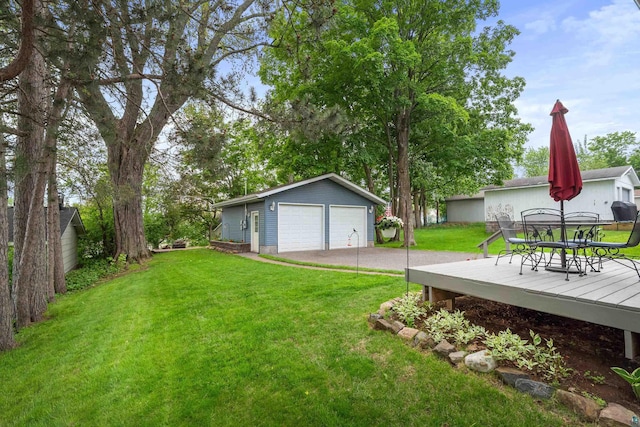 324 W Wabasha St, Duluth, MN 55803 - view of green lawn with a detached garage, an outbuilding, outdoor dining area, and a wooden deck