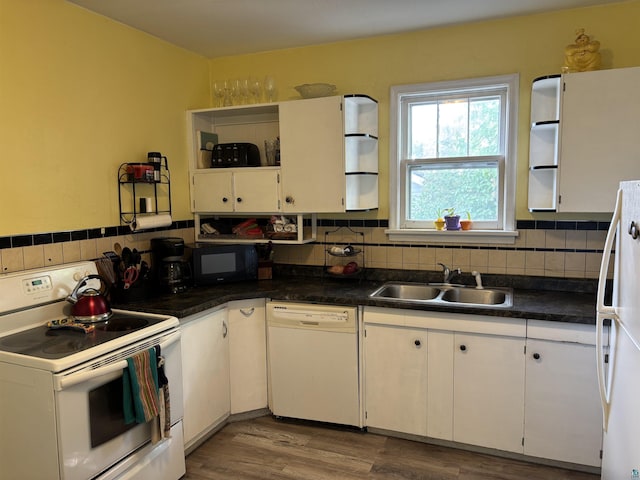 403 E Camp St, Ely, MN 55731 - kitchen with white appliances, open shelves, white cabinets, and dark countertops