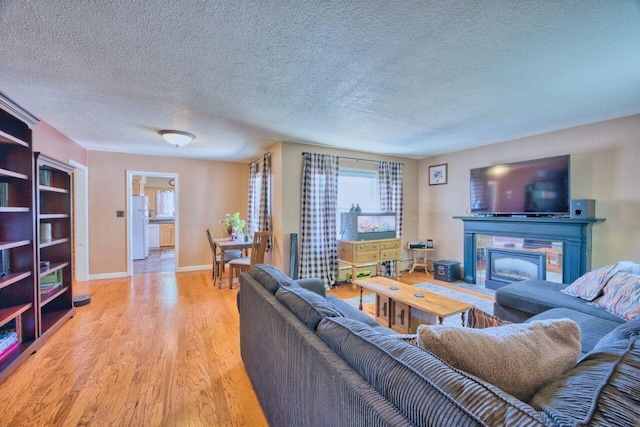 305 W Central Ave, Aurora, MN 55705 - living area featuring a textured ceiling, wood finished floors, and a glass covered fireplace