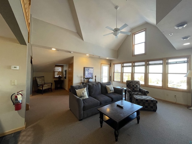36 N 2nd St Unit 6, Bayfield, WI 54814 - living room with carpet, ceiling fan, and high vaulted ceiling