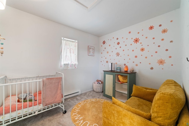 4921 W Pioneer Rd, Duluth, MN 55803 - bedroom featuring baseboard heating, carpet floors, and a crib