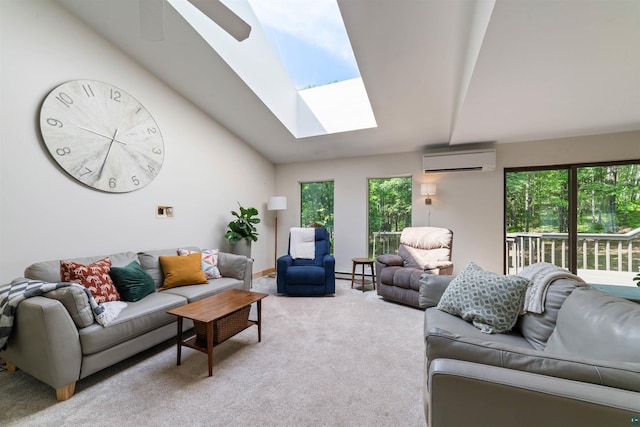4921 W Pioneer Rd, Duluth, MN 55803 - living room featuring a skylight, a wall unit AC, light carpet, plenty of natural light, and vaulted ceiling
