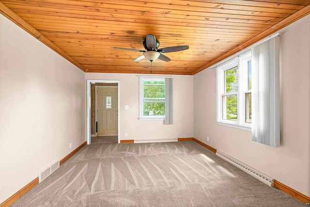 1707 Swan Lake Rd, Duluth, MN 55811 - carpeted spare room featuring wood ceiling, a baseboard heating unit, ornamental molding, and a ceiling fan