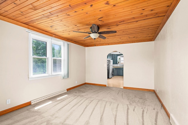 1707 Swan Lake Rd, Duluth, MN 55811 - carpeted spare room featuring a baseboard radiator, wood ceiling, arched walkways, a ceiling fan, and crown molding