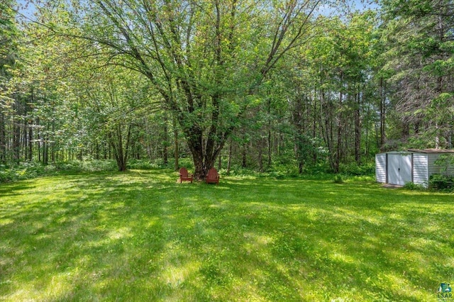 1819 Yosemite Ave, Duluth, MN 55811 - view of grassy yard featuring a shed and a view of trees