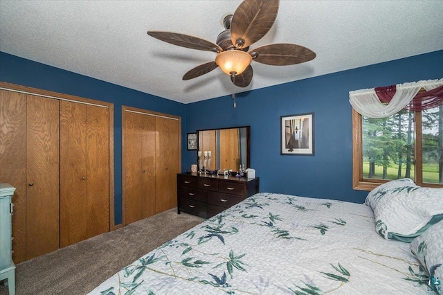 140 E Harney Rd, Esko, MN 55733 - bedroom with carpet, two closets, a textured ceiling, and a ceiling fan