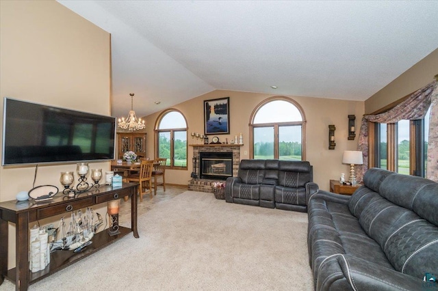 140 E Harney Rd, Esko, MN 55733 - living room featuring a chandelier, light carpet, lofted ceiling, plenty of natural light, and a fireplace