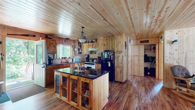XX3 Sugar Bush Trl, Orr, MN 55771 - kitchen with freestanding refrigerator, wooden walls, dark countertops, wood ceiling, and white gas range