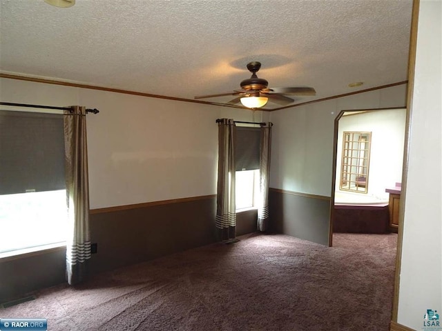 410 S 2nd St, Tower, MN 55790 - carpeted spare room featuring healthy amount of natural light, crown molding, a ceiling fan, and a textured ceiling