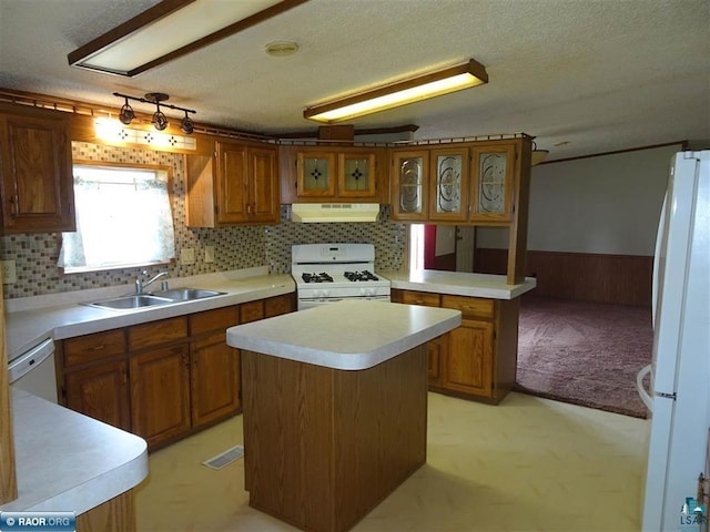 410 S 2nd St, Tower, MN 55790 - kitchen featuring white appliances, under cabinet range hood, brown cabinetry, light countertops, and wainscoting