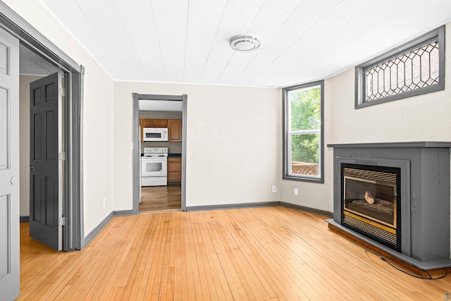 2626 W 5th St, Duluth, MN 55806 - unfurnished living room with light wood-style floors and a glass covered fireplace