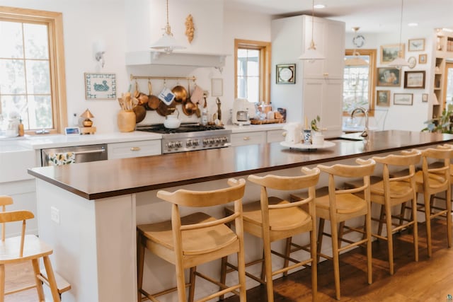 27 Ryan Ln, Esko, MN 55733 - kitchen featuring stove, white cabinets, dishwasher, hanging light fixtures, and a kitchen island