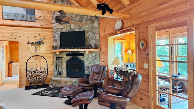 2357 Retreat Lodge Rd, Cook, MN 55723 - living room featuring wood walls, carpet floors, a ceiling fan, a fireplace, and wooden ceiling