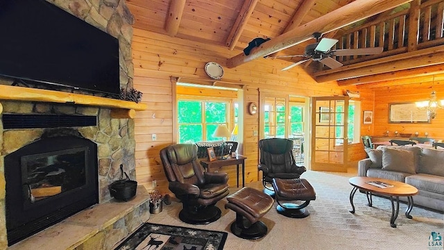 2357 Retreat Lodge Rd, Cook, MN 55723 - carpeted living room featuring wood walls, wood ceiling, a ceiling fan, and a fireplace