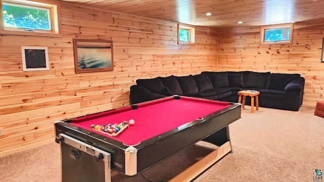 2357 Retreat Lodge Rd, Cook, MN 55723 - game room with carpet flooring, wooden ceiling, billiards, and wooden walls