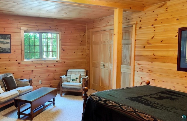 2357 Retreat Lodge Rd, Cook, MN 55723 - bedroom featuring wooden ceiling, wood walls, and light carpet