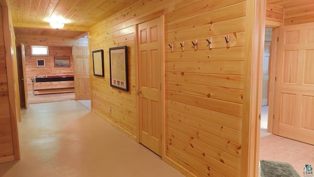 2357 Retreat Lodge Rd, Cook, MN 55723 - corridor featuring wooden walls, wood ceiling, and finished concrete floors