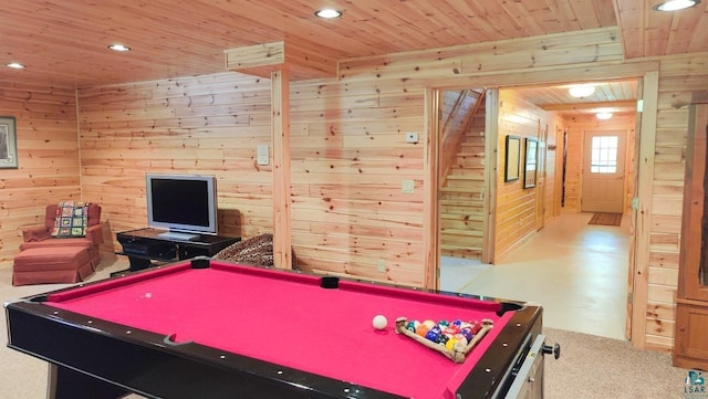 2357 Retreat Lodge Rd, Cook, MN 55723 - recreation room with wooden walls, wooden ceiling, recessed lighting, pool table, and carpet