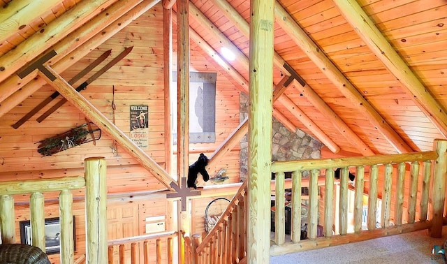 2357 Retreat Lodge Rd, Cook, MN 55723 - corridor with wood ceiling, an upstairs landing, carpet, and wood walls
