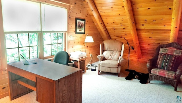 2357 Retreat Lodge Rd, Cook, MN 55723 - carpeted office featuring a wood ceiling with exposed beams and wooden walls