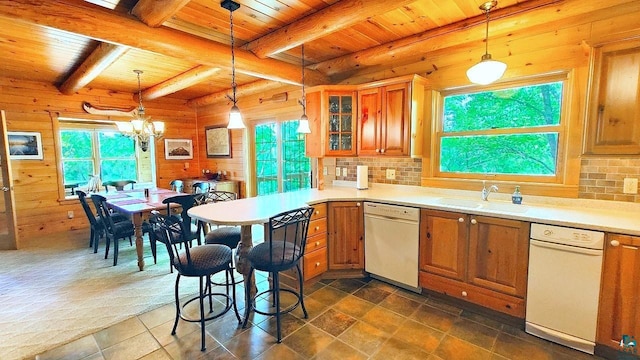 2357 Retreat Lodge Rd, Cook, MN 55723 - kitchen with white dishwasher, a wooden ceiling with exposed beams, wooden walls, brown cabinetry, and decorative backsplash