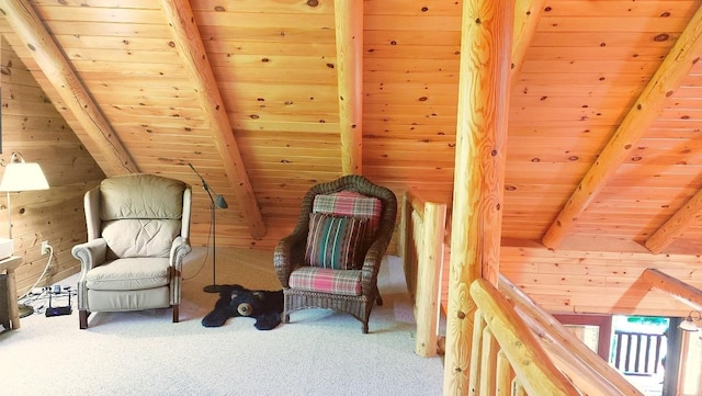 2357 Retreat Lodge Rd, Cook, MN 55723 - sitting room featuring wood ceiling, wooden walls, and carpet flooring