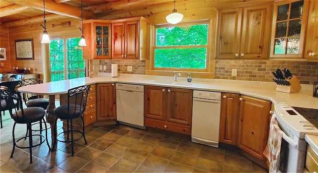 2357 Retreat Lodge Rd, Cook, MN 55723 - kitchen with white appliances, decorative backsplash, brown cabinetry, wood walls, and a wooden ceiling with exposed beams