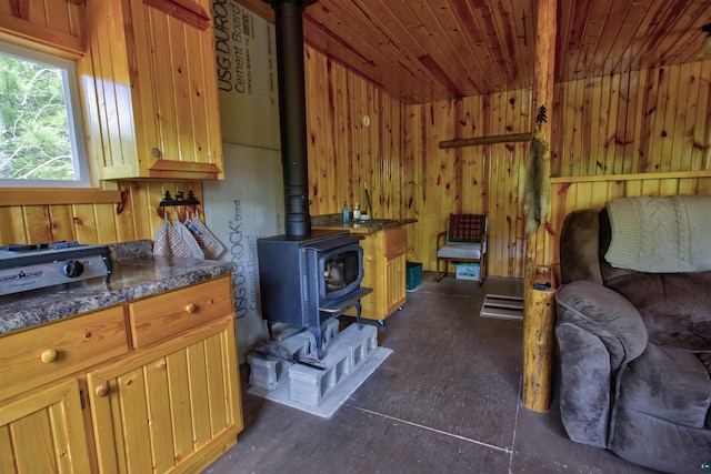 4194 First Lake Rd, Ely, MN 55731 - interior space with a wood stove, wood walls, and wooden ceiling