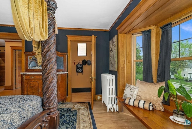 2319 E 4th St, Duluth, MN 55812 - bedroom featuring radiator heating unit, multiple windows, wood finished floors, and crown molding