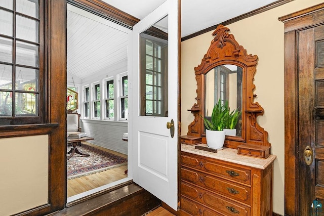 2319 E 4th St, Duluth, MN 55812 - entryway featuring dark wood finished floors and ornamental molding