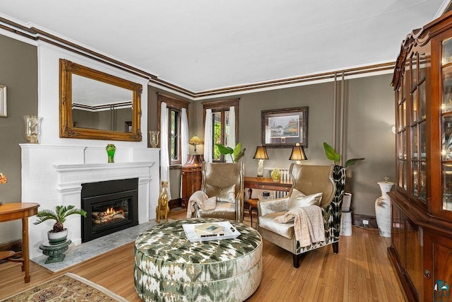 2319 E 4th St, Duluth, MN 55812 - living area featuring wood finished floors, a fireplace with flush hearth, and ornamental molding