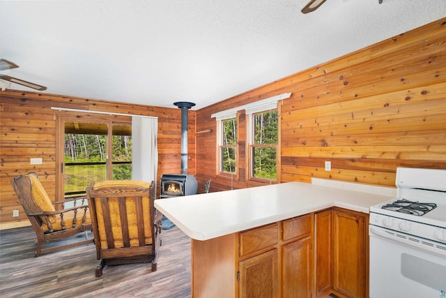 1612 Pequaywan Lake Rd, Ault, MN 55602 - kitchen featuring white gas range oven, ceiling fan, a wood stove, dark wood-style flooring, and wooden walls