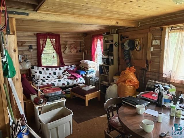2217 Michael Beach Rd, Zim, MN 55738 - misc room with log walls, plenty of natural light, wooden ceiling, and wood finished floors
