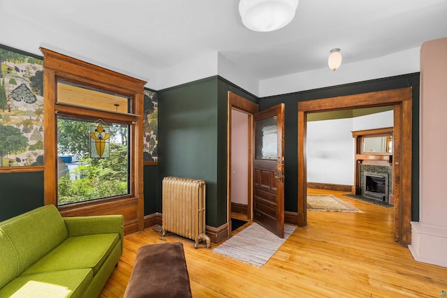 31 W 5th St, Duluth, MN 55806 - living area featuring radiator heating unit, light wood finished floors, and a fireplace
