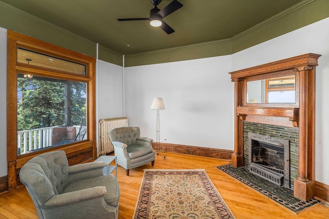 31 W 5th St, Duluth, MN 55806 - living area featuring wood finished floors, a ceiling fan, ornamental molding, and a fireplace