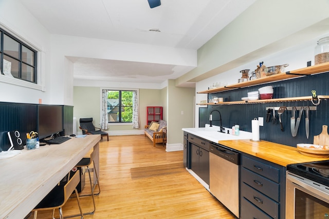 31 W 5th St, Duluth, MN 55806 - kitchen featuring appliances with stainless steel finishes, light wood-style floors, open shelves, and wood counters