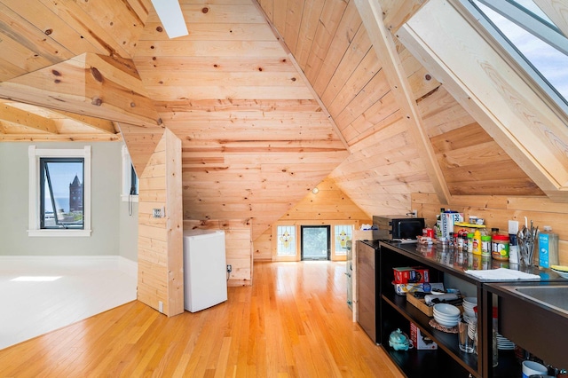 31 W 5th St, Duluth, MN 55806 - additional living space with wooden walls, light wood-type flooring, a skylight, wooden ceiling, and washer / dryer